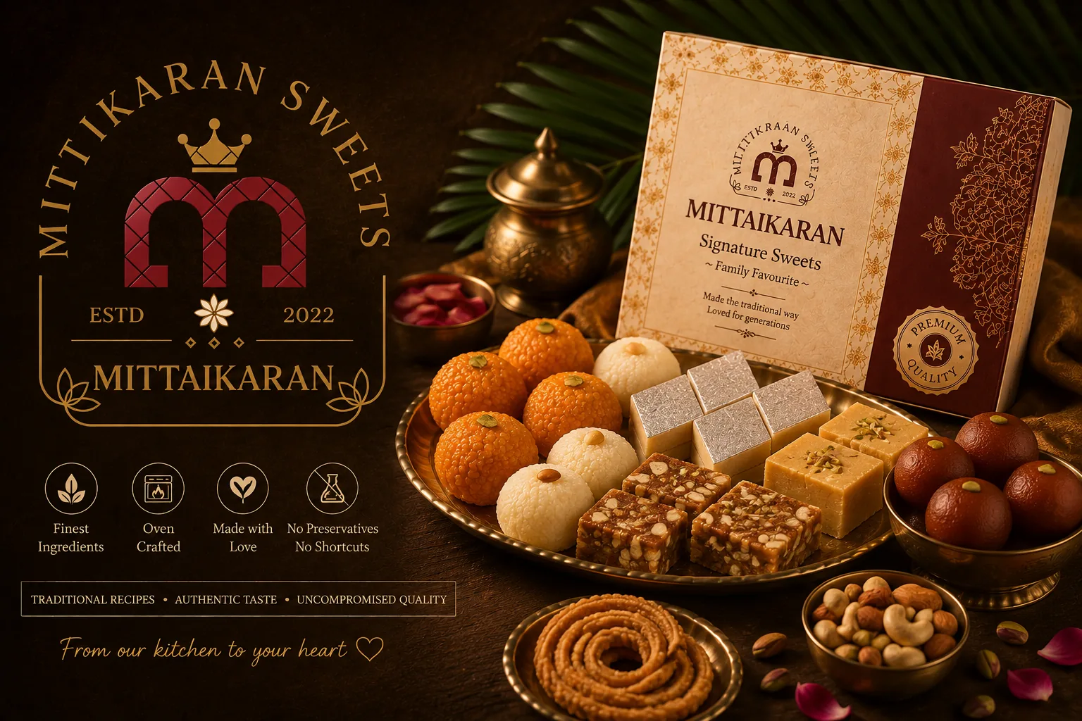 A brass platter of Mittaikaran sweets and murukku beside a Signature Sweets gift box